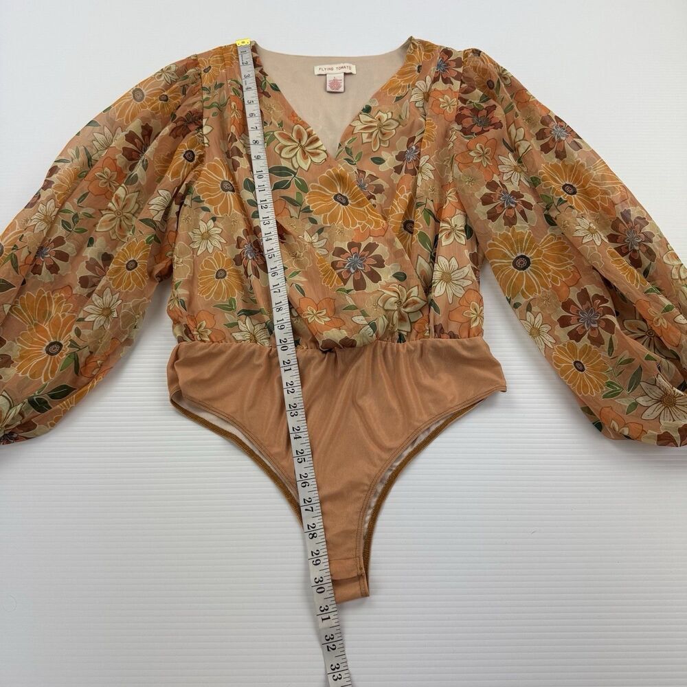 Flying Tomato Floral Bodysuit Womens L Boho Retro Surplice Puff Sleeve Top - Picture 8 of 11